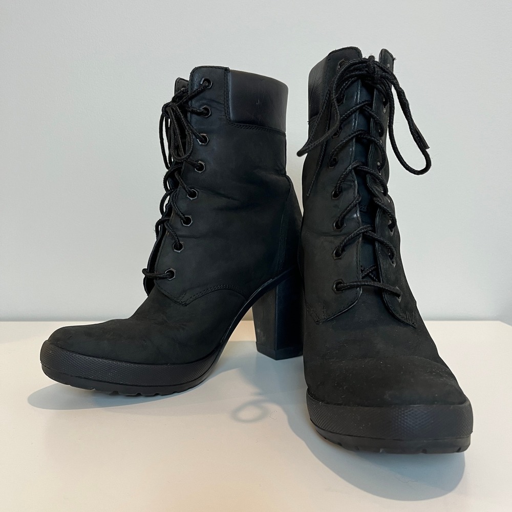 Timberland Glancy 6-Inch Black Nubuck Leather Lace Up Block Heel Boots A1SEF 8.5